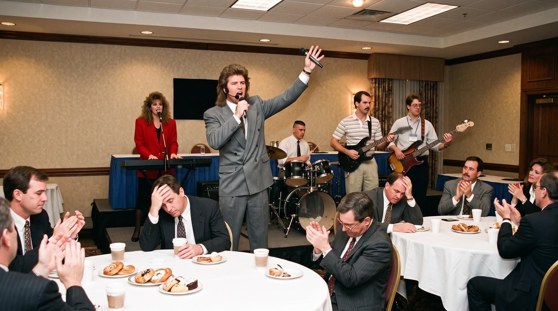 The band playing at full volume at the front of a hotel meeting room at breakfast while salespeople in suits sit at round tables with coffee cups and pastries, some clapping, some holding their heads
