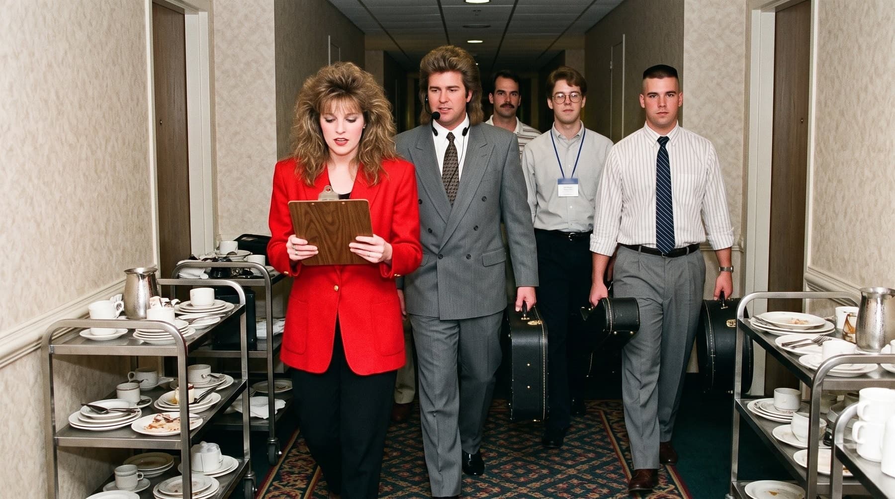 The band walking down a hotel corridor between room-service carts stacked with used plates, the keyboard player in a red blazer leading with a clipboard, the singer in a headset beside her, the others carrying instrument cases