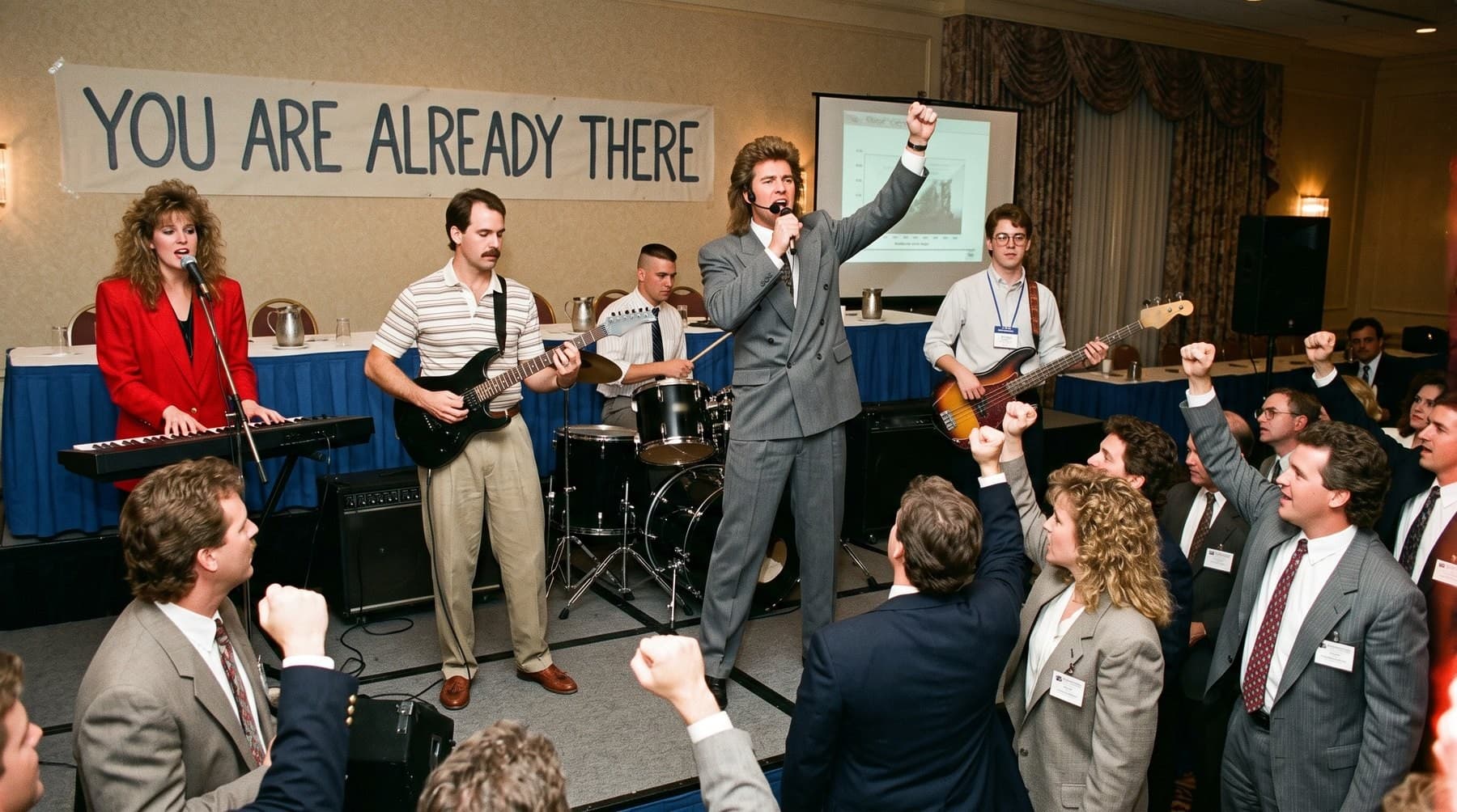 The five members of the band playing on a carpeted riser in a hotel ballroom under a hand-lettered banner reading YOU ARE ALREADY THERE, the singer in a gray double-breasted suit with a headset and a handheld microphone raising his fist, a crowd of salespeople in suits and name badges raising theirs