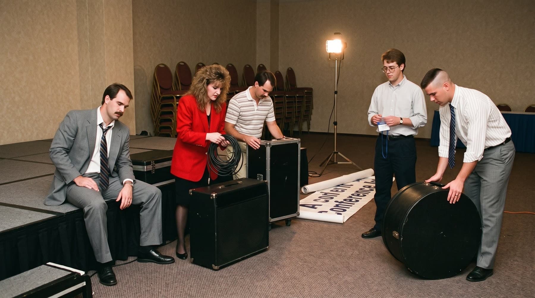 An empty hotel ballroom after a session, chairs stacked against the wall, the band packing amplifiers, cables and a drum case into road cases under a work light, a banner rolled out on the carpet